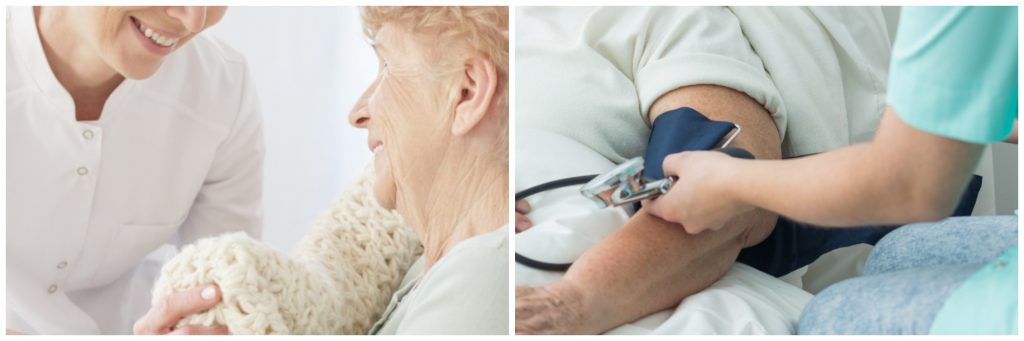 Nursing-home-nurse-handing-resident-blanket-and-taking-blood-pressure