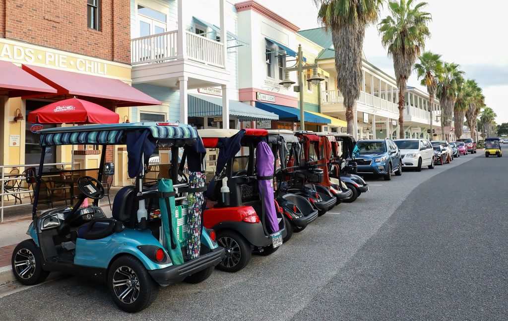 row of golf carts at the villages, Florida