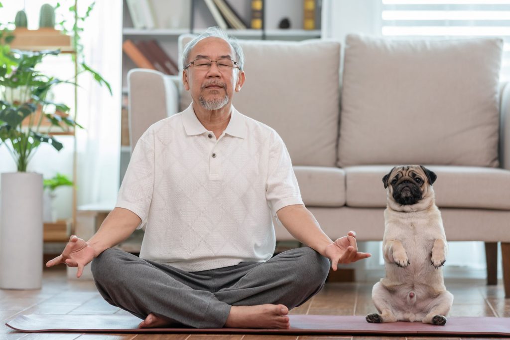 senior man who lives alone doing yoga with dog
