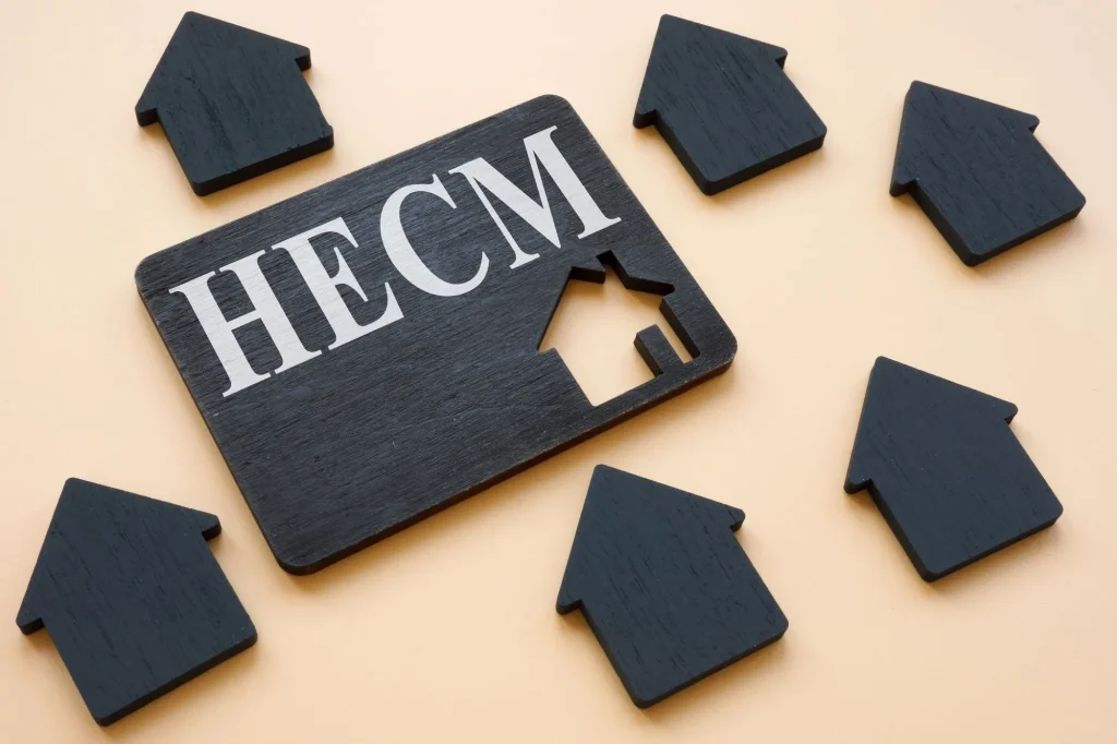 Home Equity Conversion Mortgage HECM sign on the dark plate