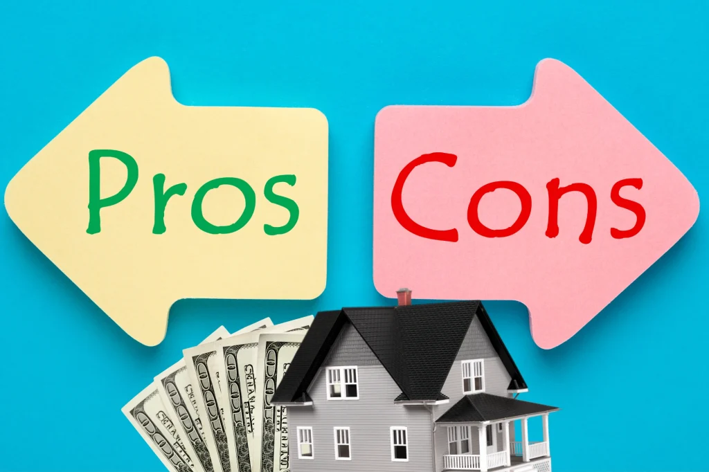 reverse mortgage pros and cons illustration with colorful arrows, hundred dollar bills, and a 3d home