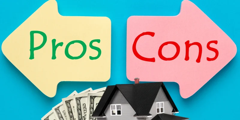 reverse mortgage pros and cons illustration with colorful arrows, hundred dollar bills, and a 3d home