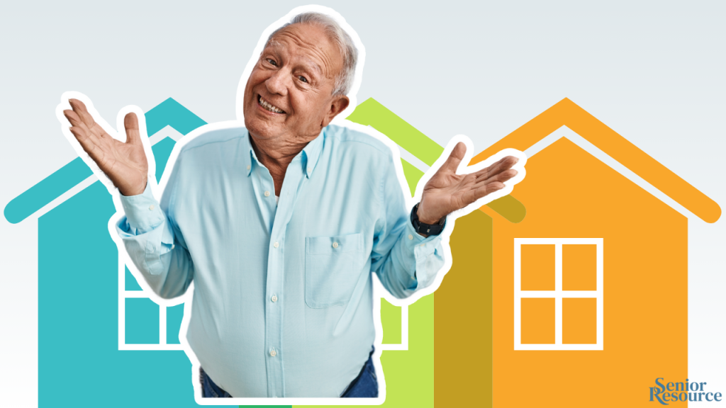 shrugging man in front of colorful houses