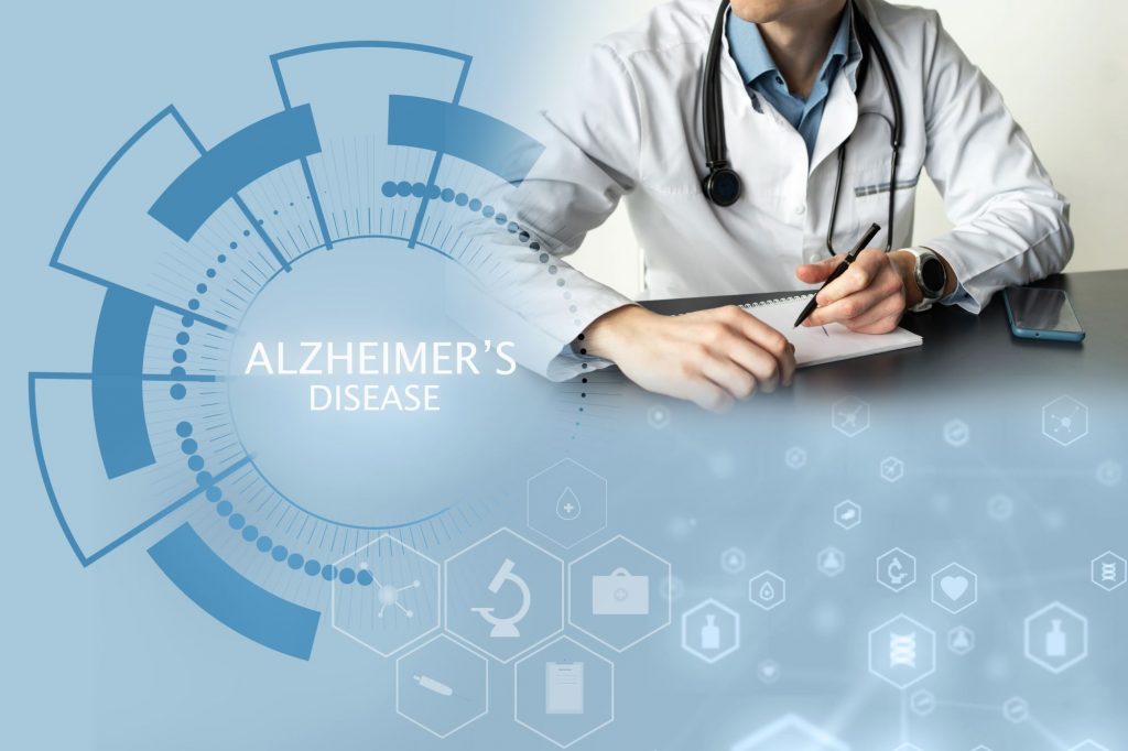 alzheimer's words and doctor writing perscription