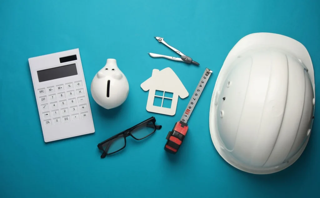 Engineer's tools and piggy bank, house model on blue background. Construction budget