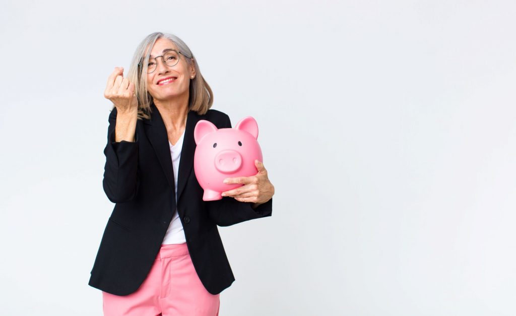 piggy and happy woman