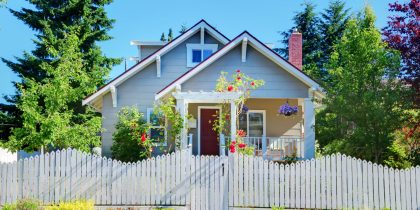 small blue house with flowers
