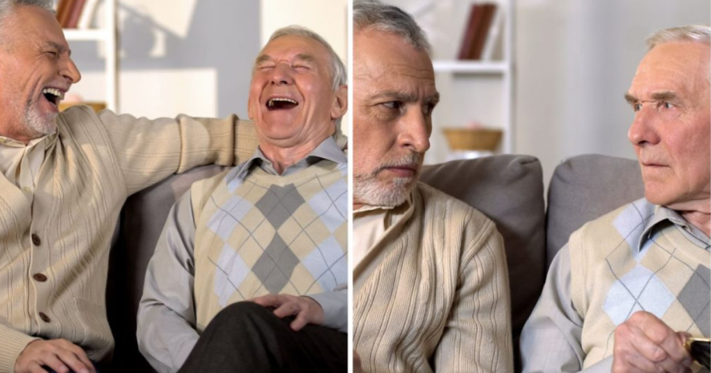 split screen of two senior men, left side laughing, right side unhappy and scowling