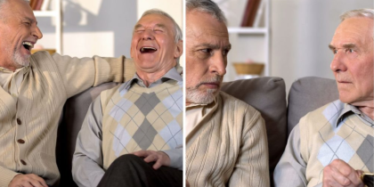 split screen of two senior men, left side laughing, right side unhappy and scowling