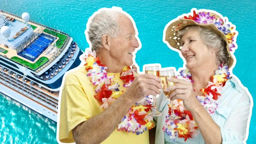 two baby boomers with leis on and clinking glasses of wine on vacation, with a cruise ship background