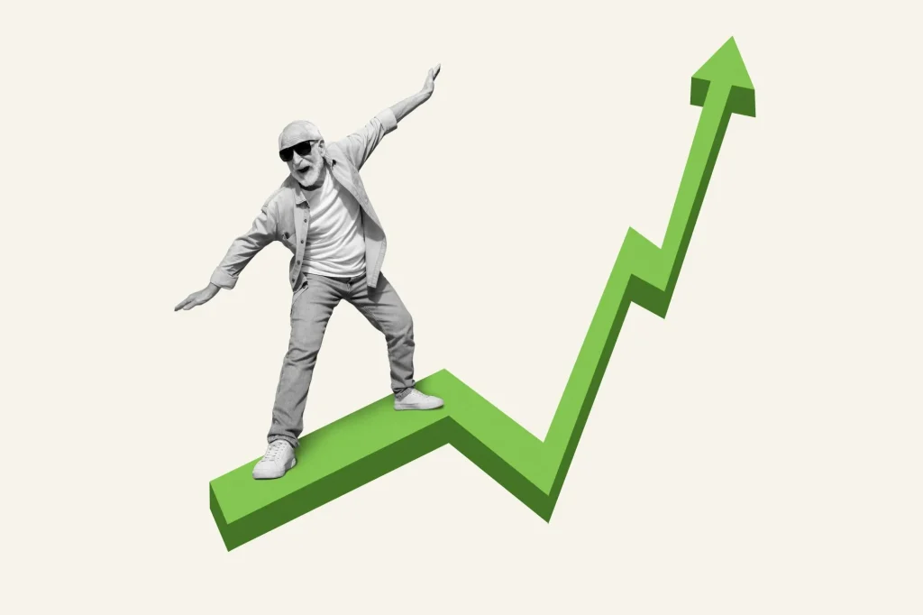 Concept of fast increasing income. Middle aged man surfing green arrow going up isolated pastel color background investing later in life