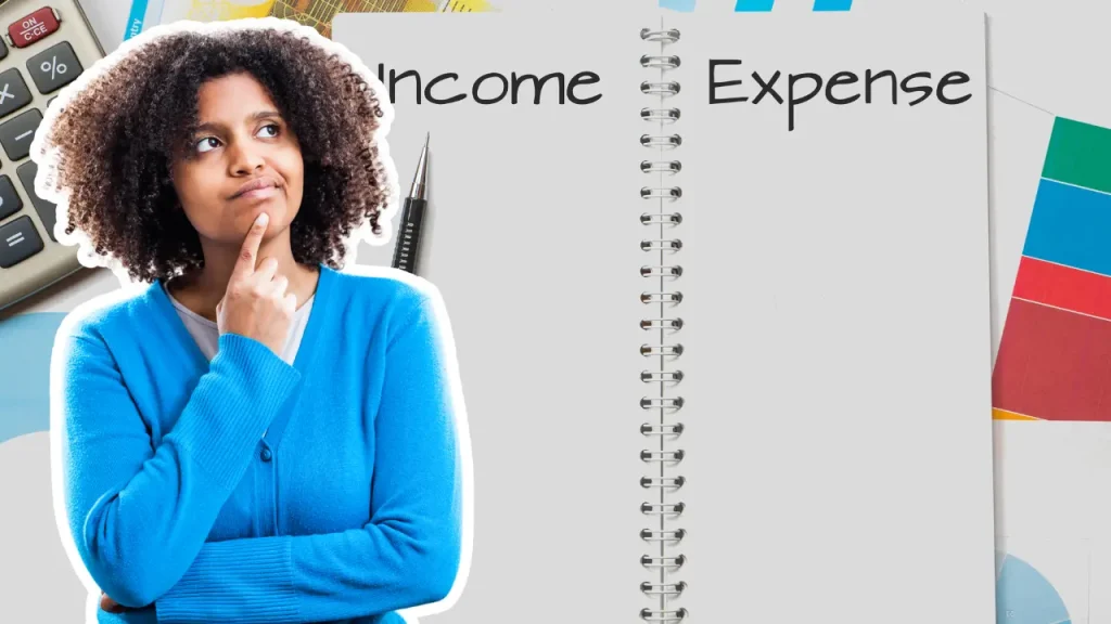 black woman with curly hair thinking about income and expenses