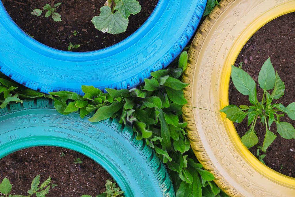 flower garden in painted tires
