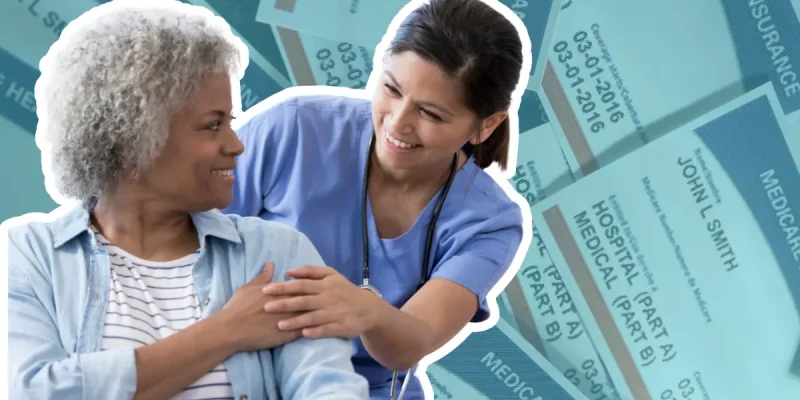 medicare cards background and patient and nurse in foreground