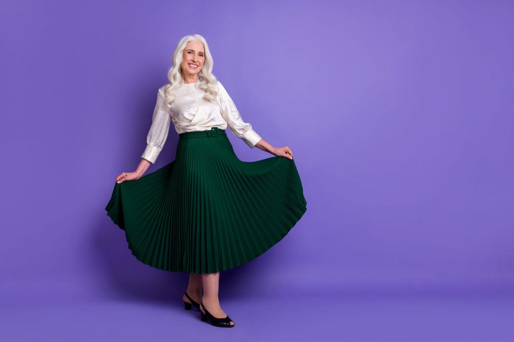 green skirt and purple background