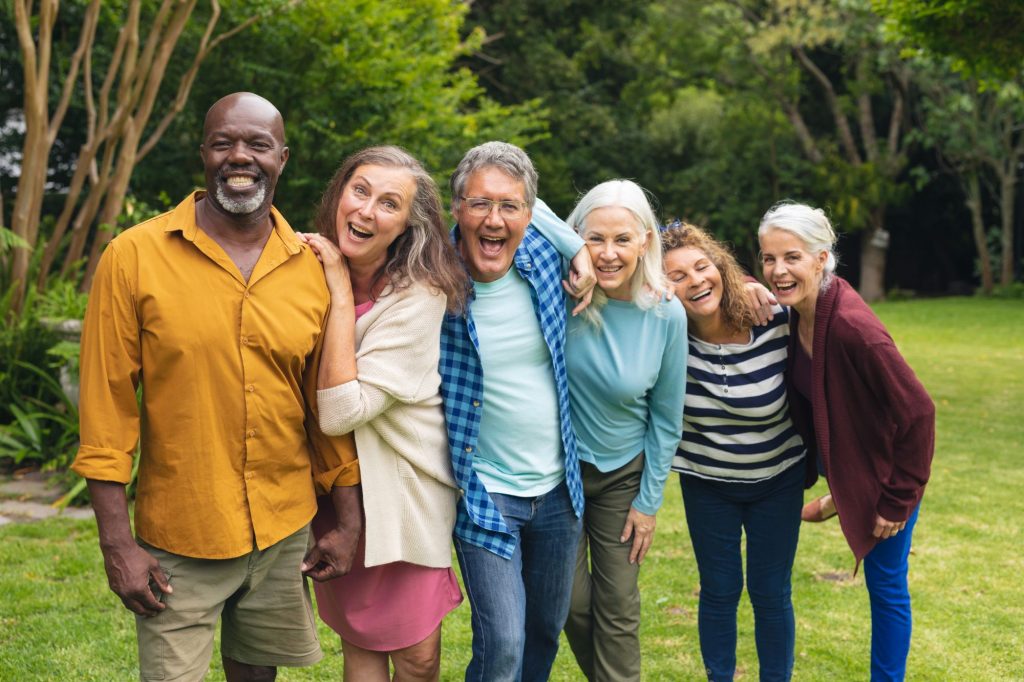 group of senior adult friends over 55 in a retirement community