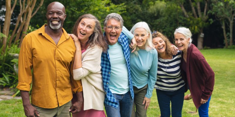 group of senior adult friends over 55 in a retirement community