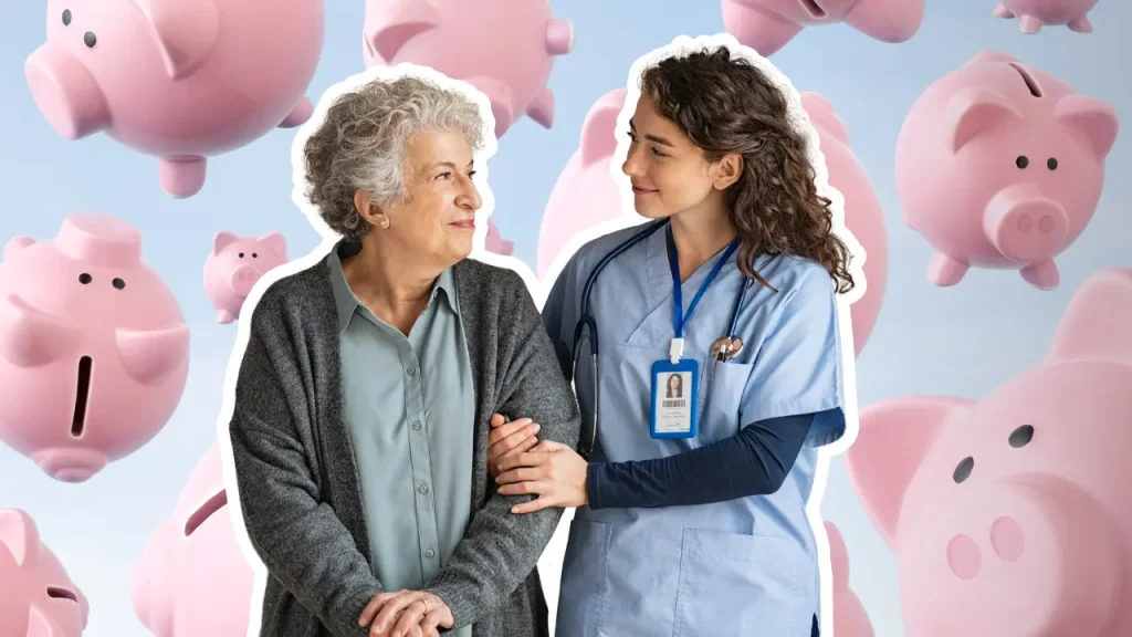 assisted living aid and senior woman walking, piggy banks representing money in the background