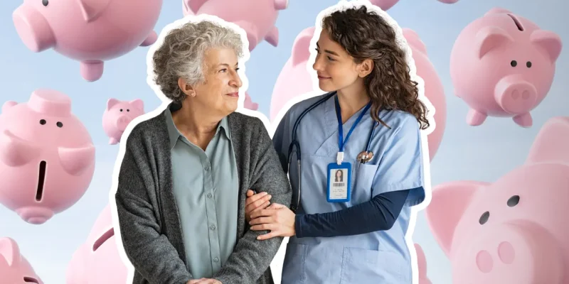 assisted living or nursing home aid and senior woman walking, piggy banks representing money in the background