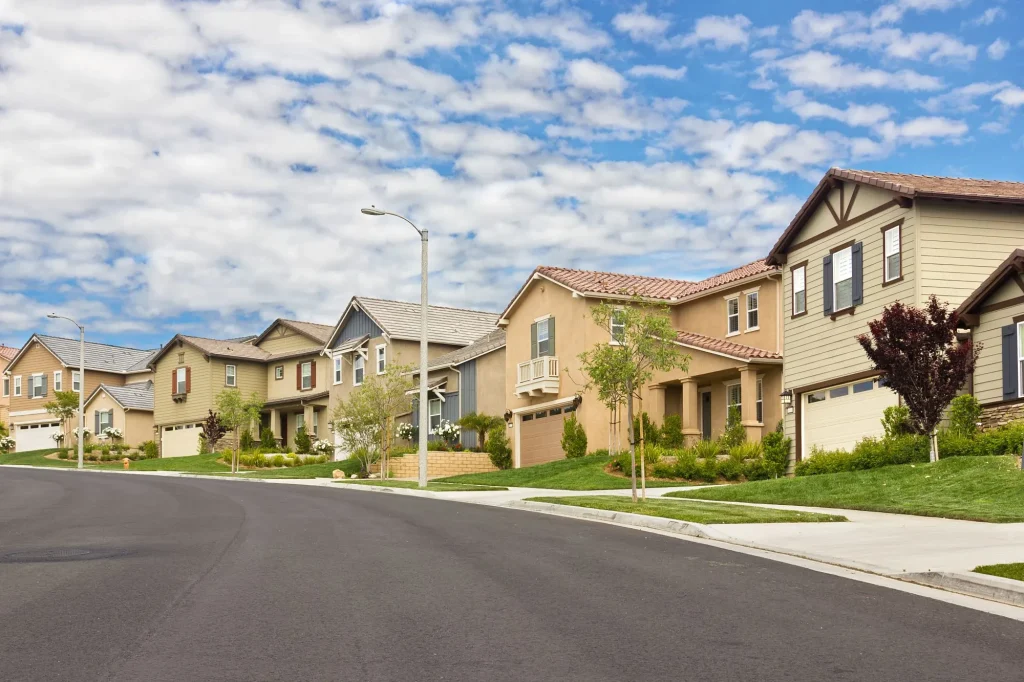 Homes in the suburbs are built on a hill, close together