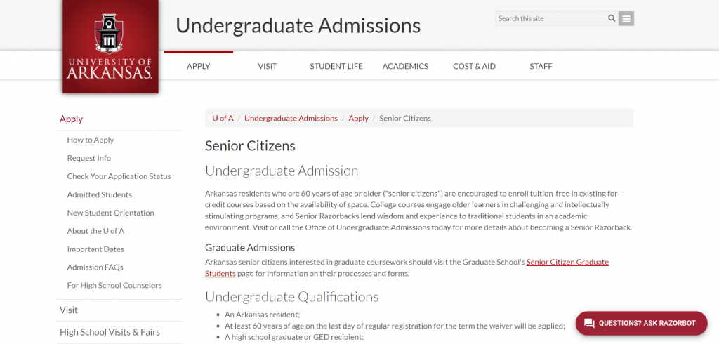 University of Arkansas website screenshot