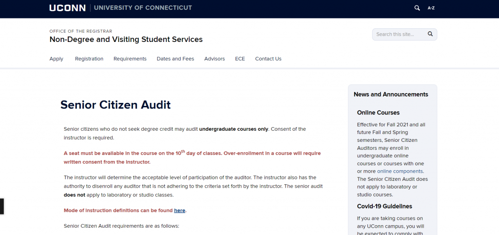 University of Connecticut  website screenshot