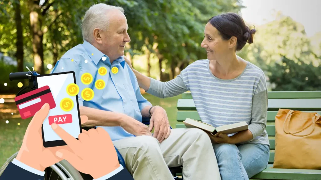 man and woman in assisted living, with clipart payment in forefront of the photo