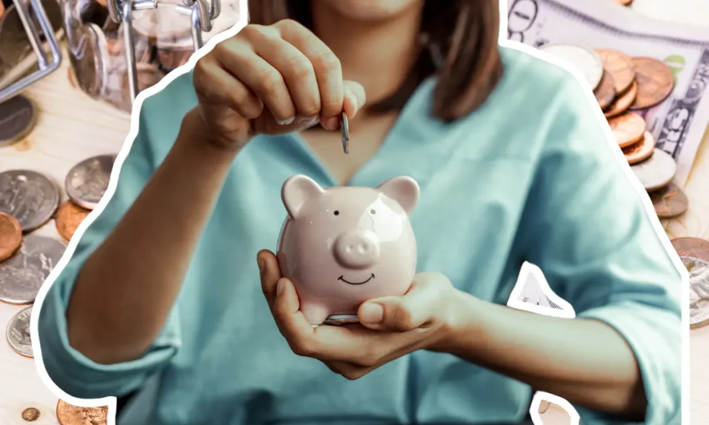 saving money in a piggy bank, up close photo with money in the background