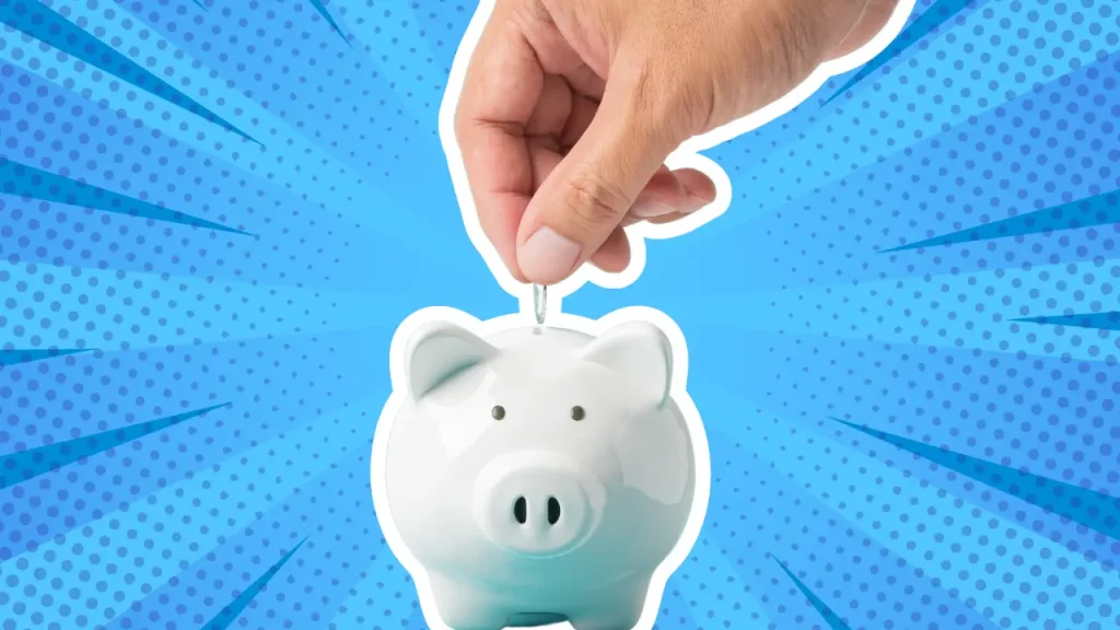 blue bursting comic-book like background with a piggy bank and a hand putting in a coin, symbolizing saving money