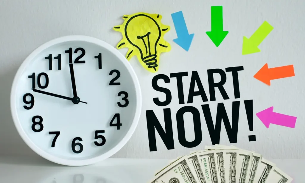 words start now with a clock and arrows, and fan of money