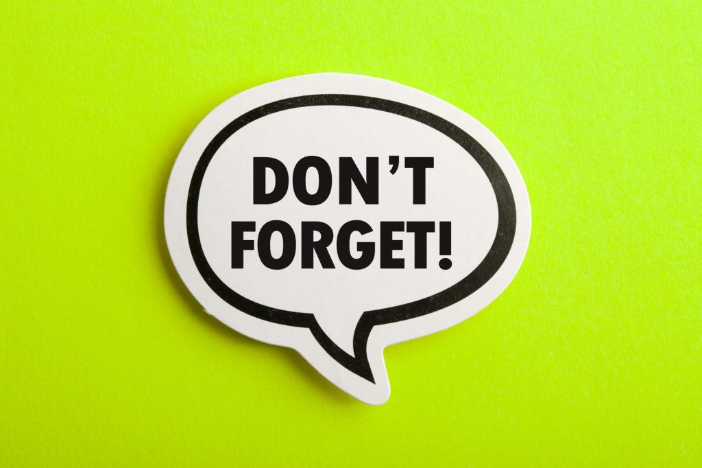 "Don't forget!" in a text bubble on a yellow-green background