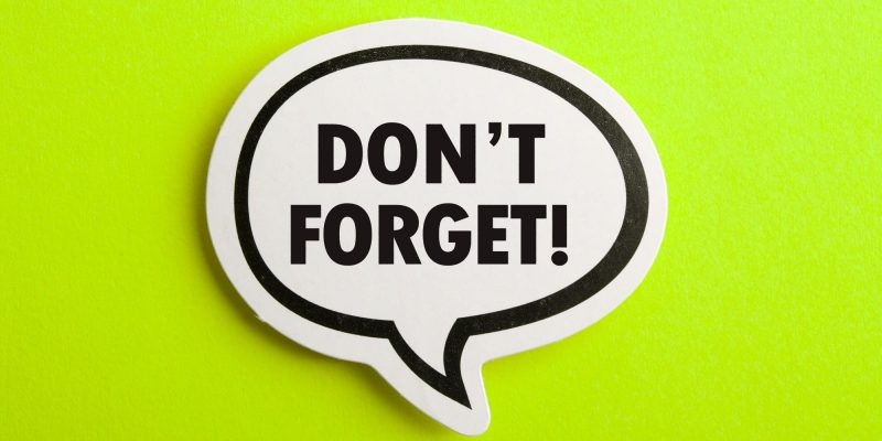 "Don't forget!" in a text bubble on a yellow-green background
