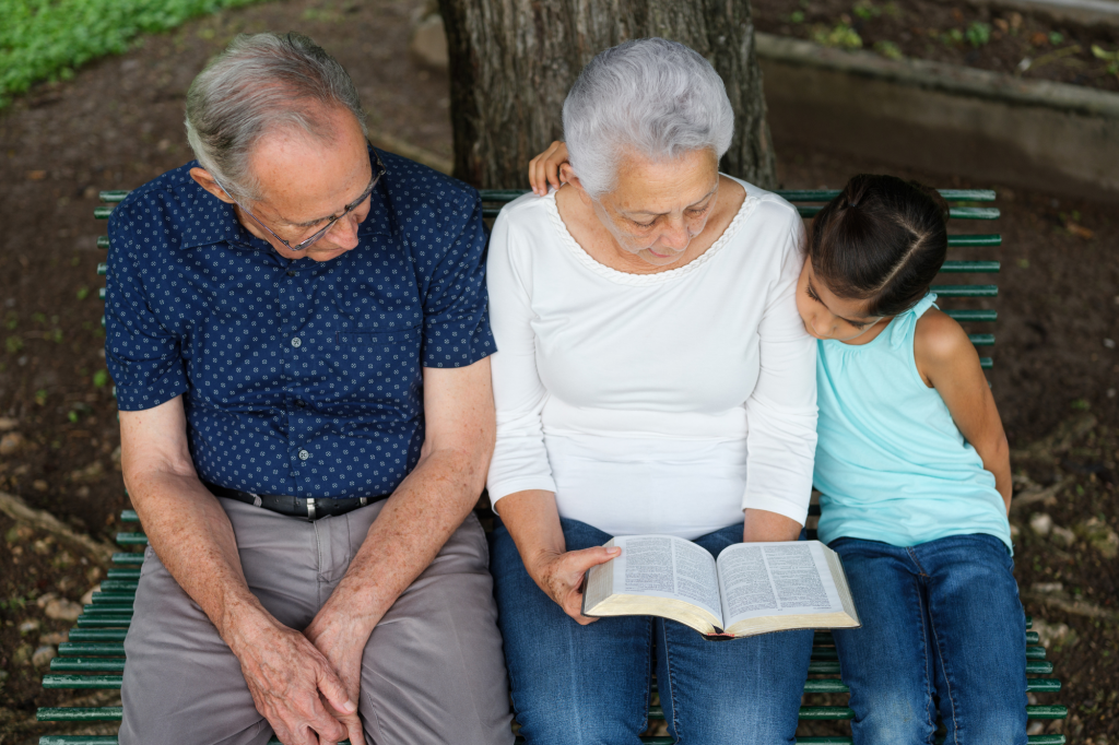 grandchildren and grandparents talking