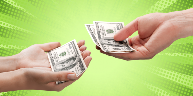 money hands giving cash, green burst background