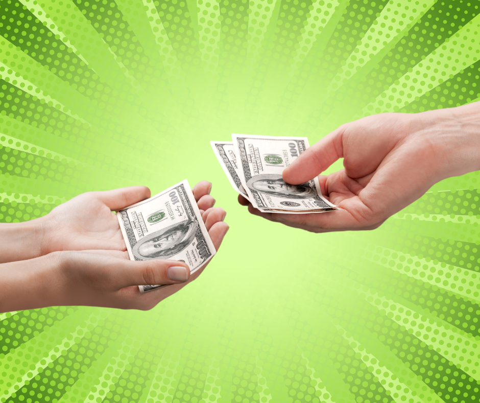 money hands giving cash, green burst background