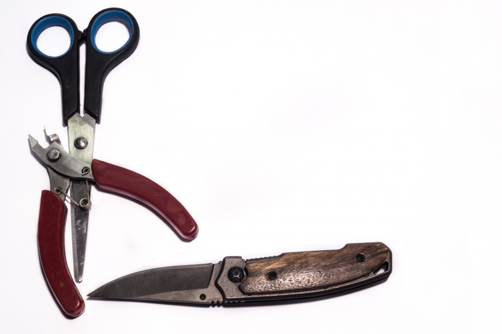 scissors, snips, and knife