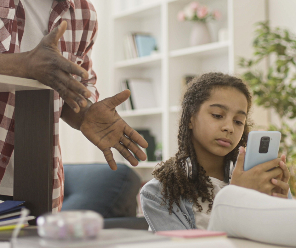 teen on phone, grandparent complaining