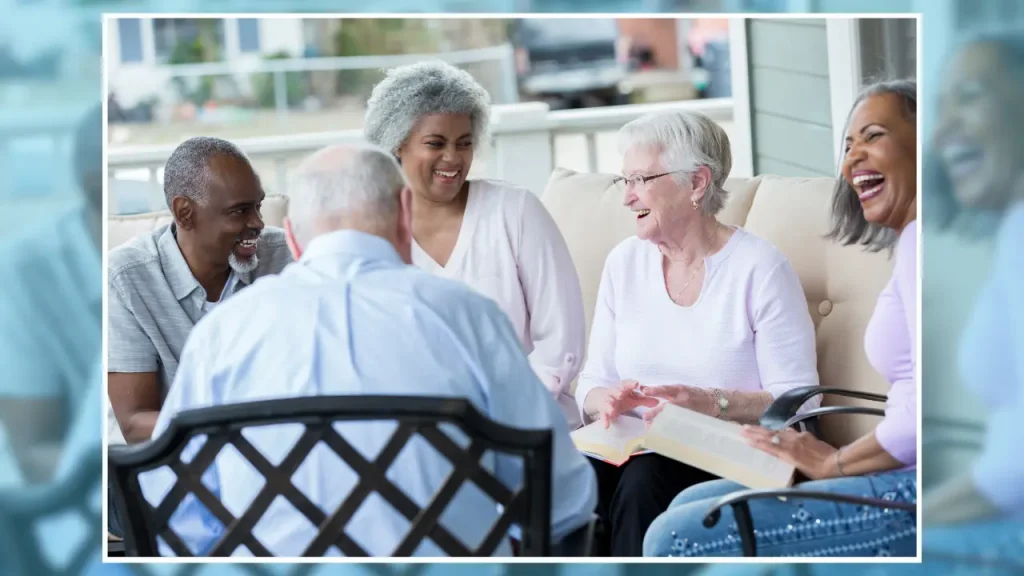 laughing senior adult group with a blue blurred background