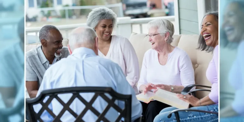 laughing senior adult group with a blue blurred background