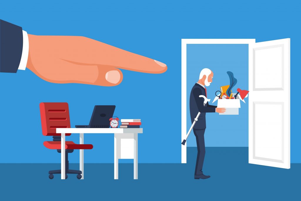 Age Discrimination in the workplace illustration of an elderly man being fired from a job for his age