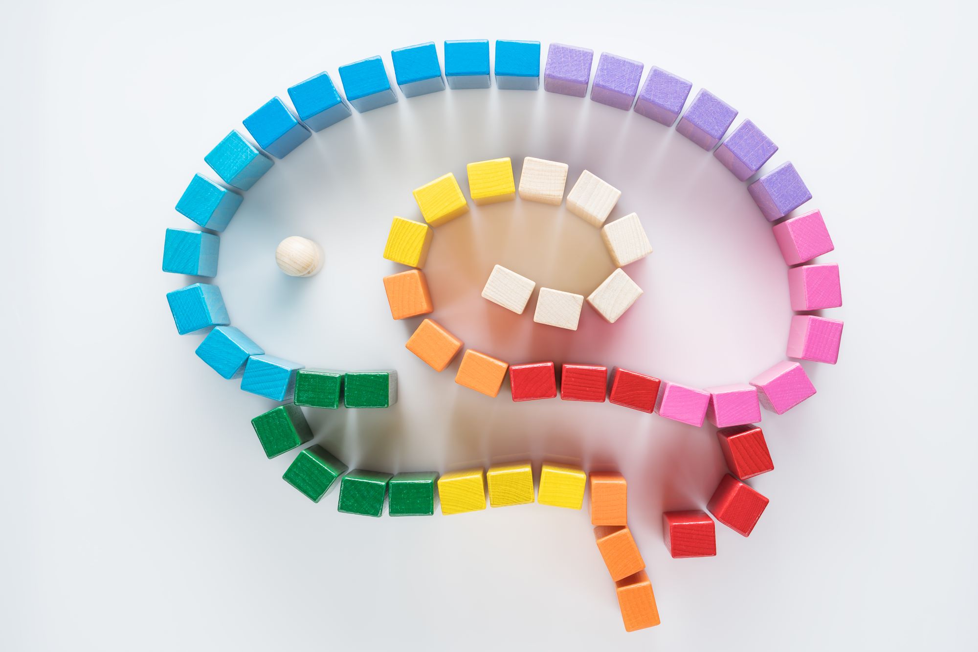 brain games concept, brain made out of colorful blocks on a white background