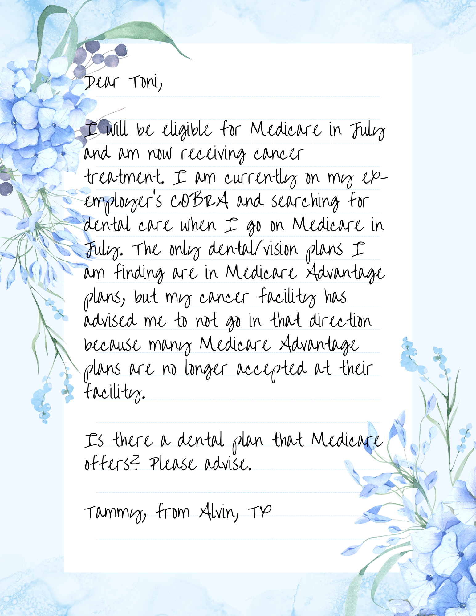 Letter to Toni King about Medicare question on blue notepad paper with flowers