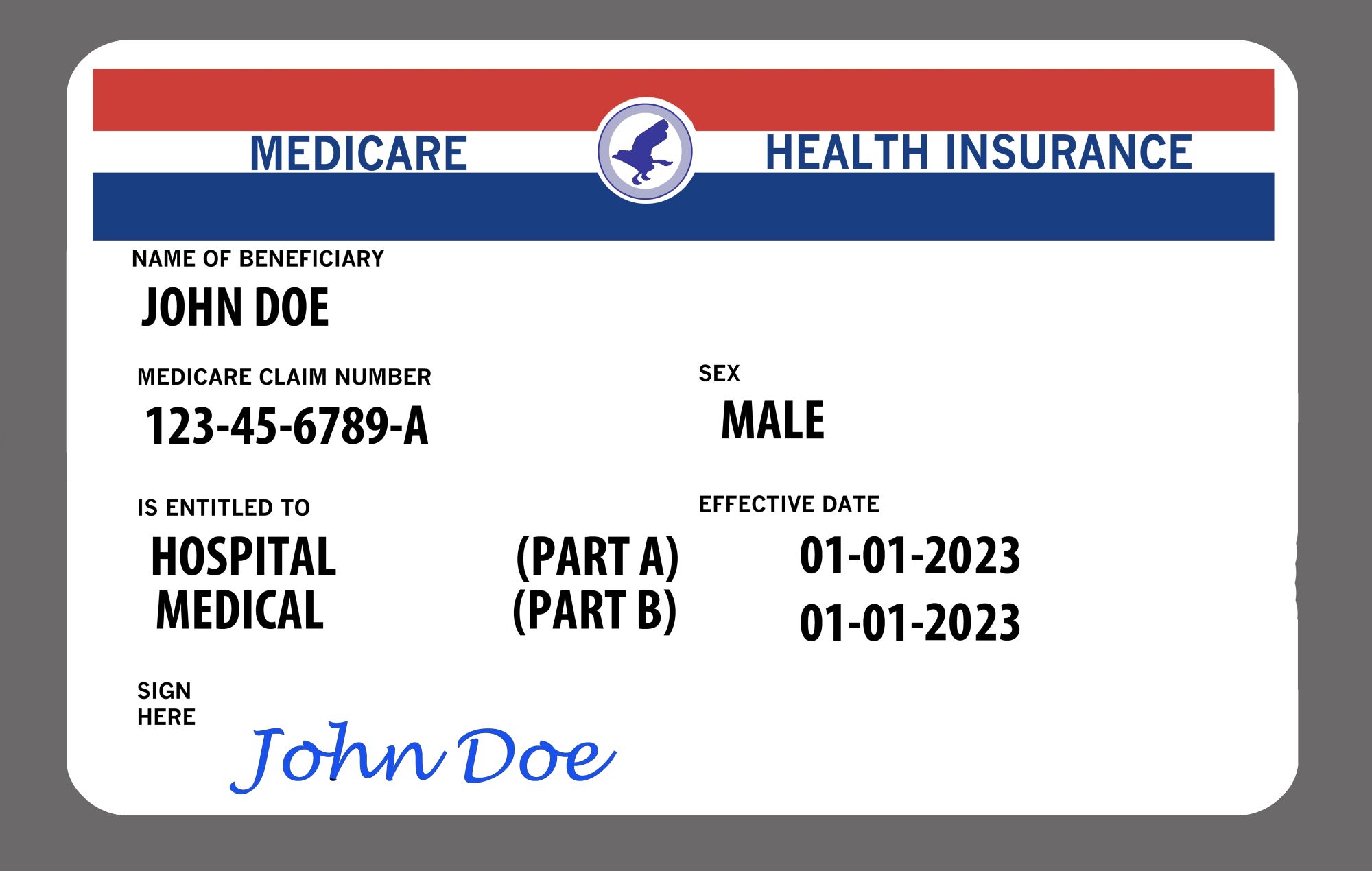 Medicare card, large, with the name John Doe, just an example of a Medicare card