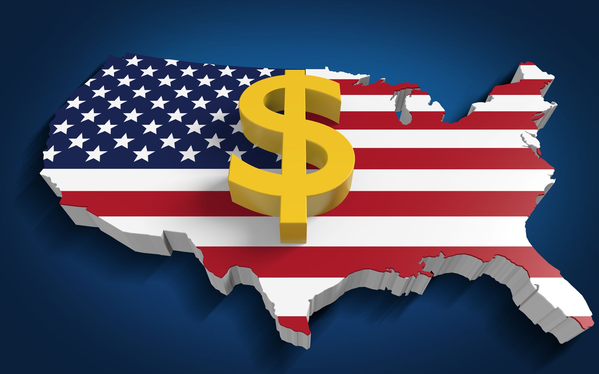 United States of America with flag coering all states and giant yellow dollar sign in the middle