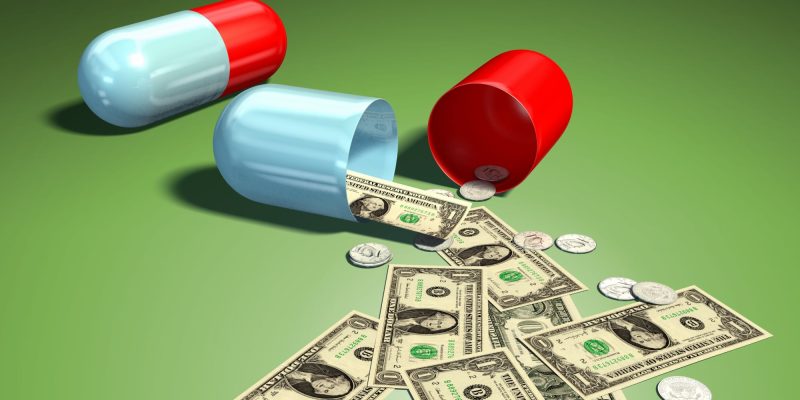 pills medication prescription illustration with money spilling out of pills on green background