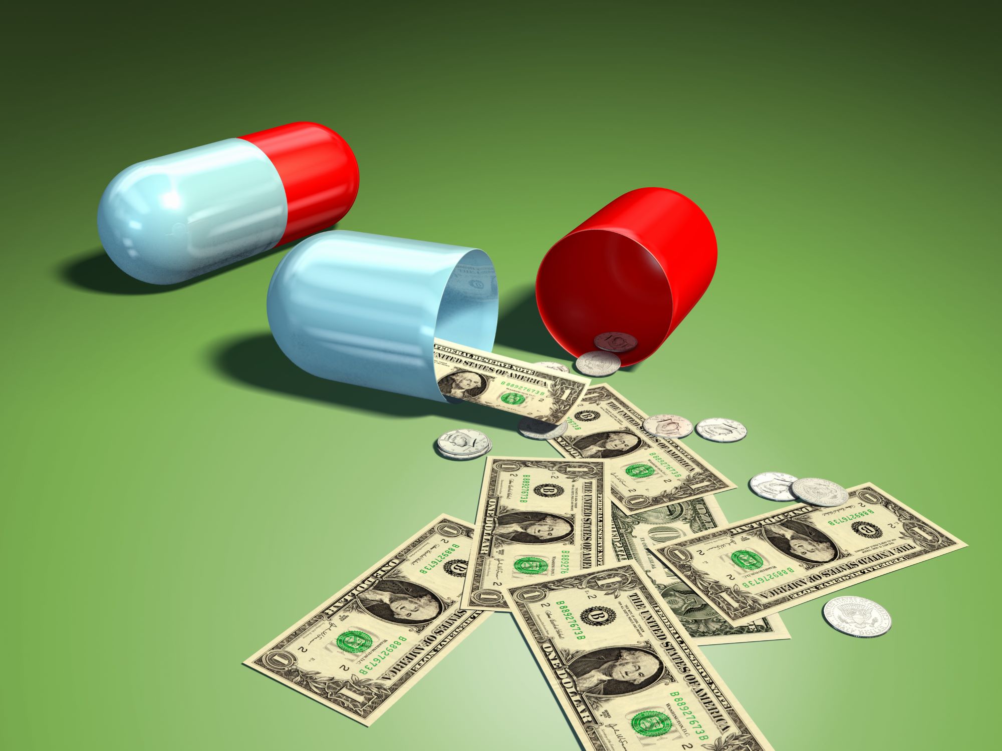 pills medication prescription illustration with money spilling out of pills on green background