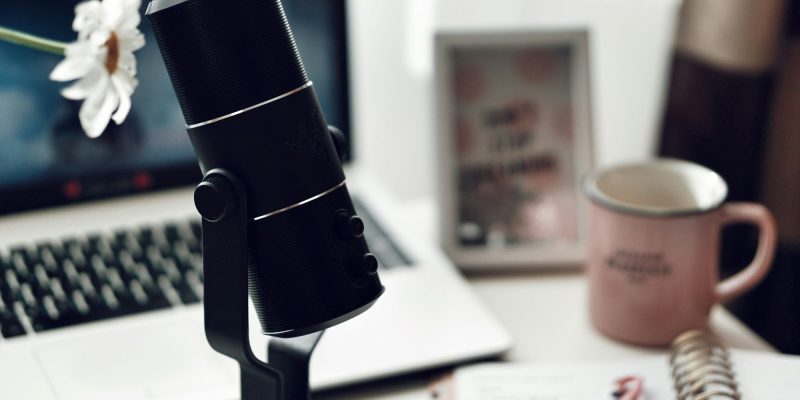 podcast set up at a computer