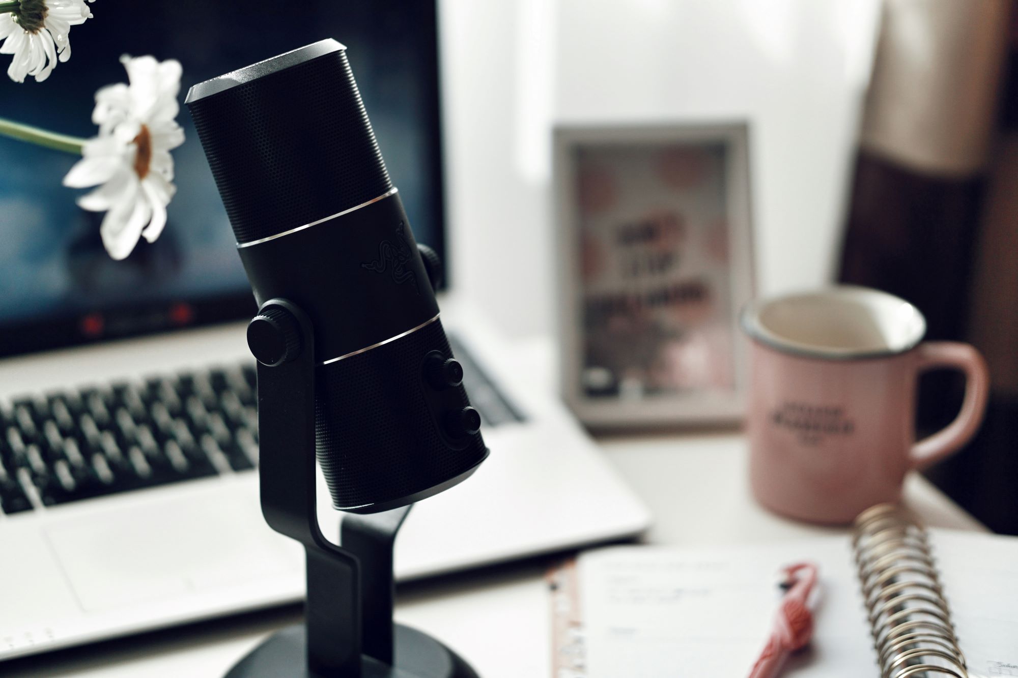 podcast set up at a computer