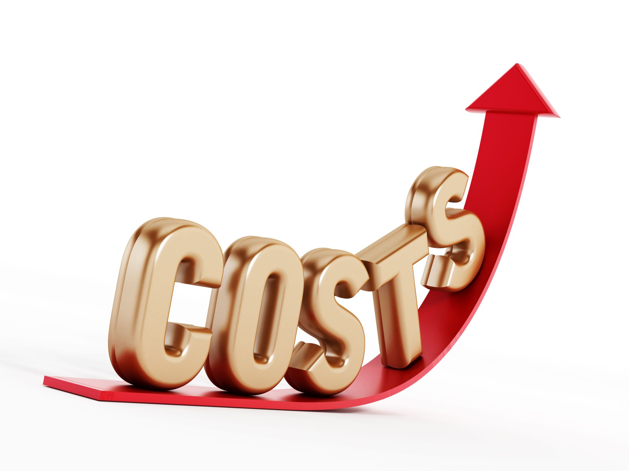 rising cost concept, a red arrow pointing up with the word "costs" riding upward on the arrow