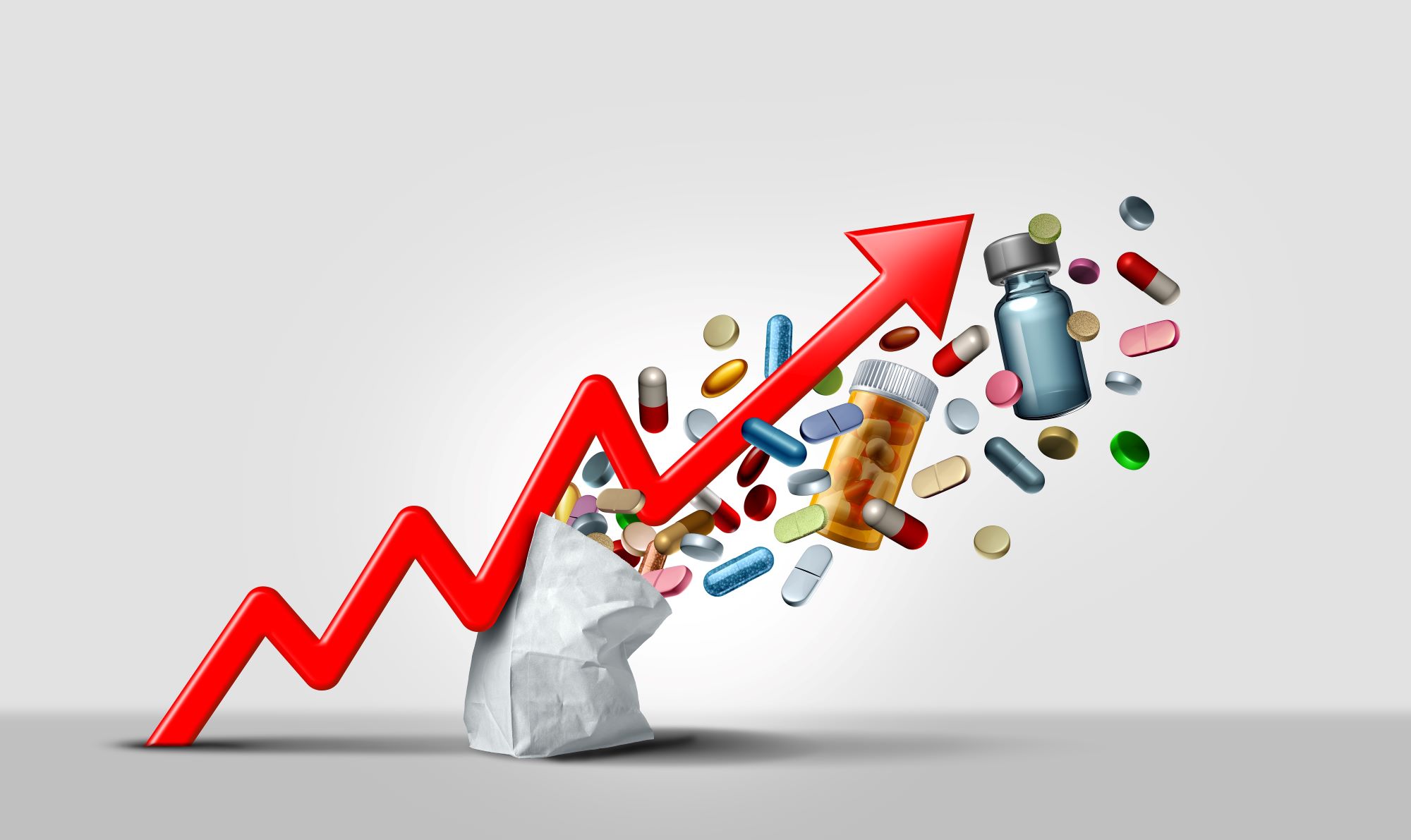 rising cost of pills illustration with a giant red line pointing upward ovver a bag of pills and other prescription drugs exploding
